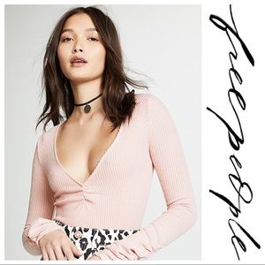 Free People Cozy Up With Me Ribbed Knitted Bodysuit Plunging V Neck Salt Pink